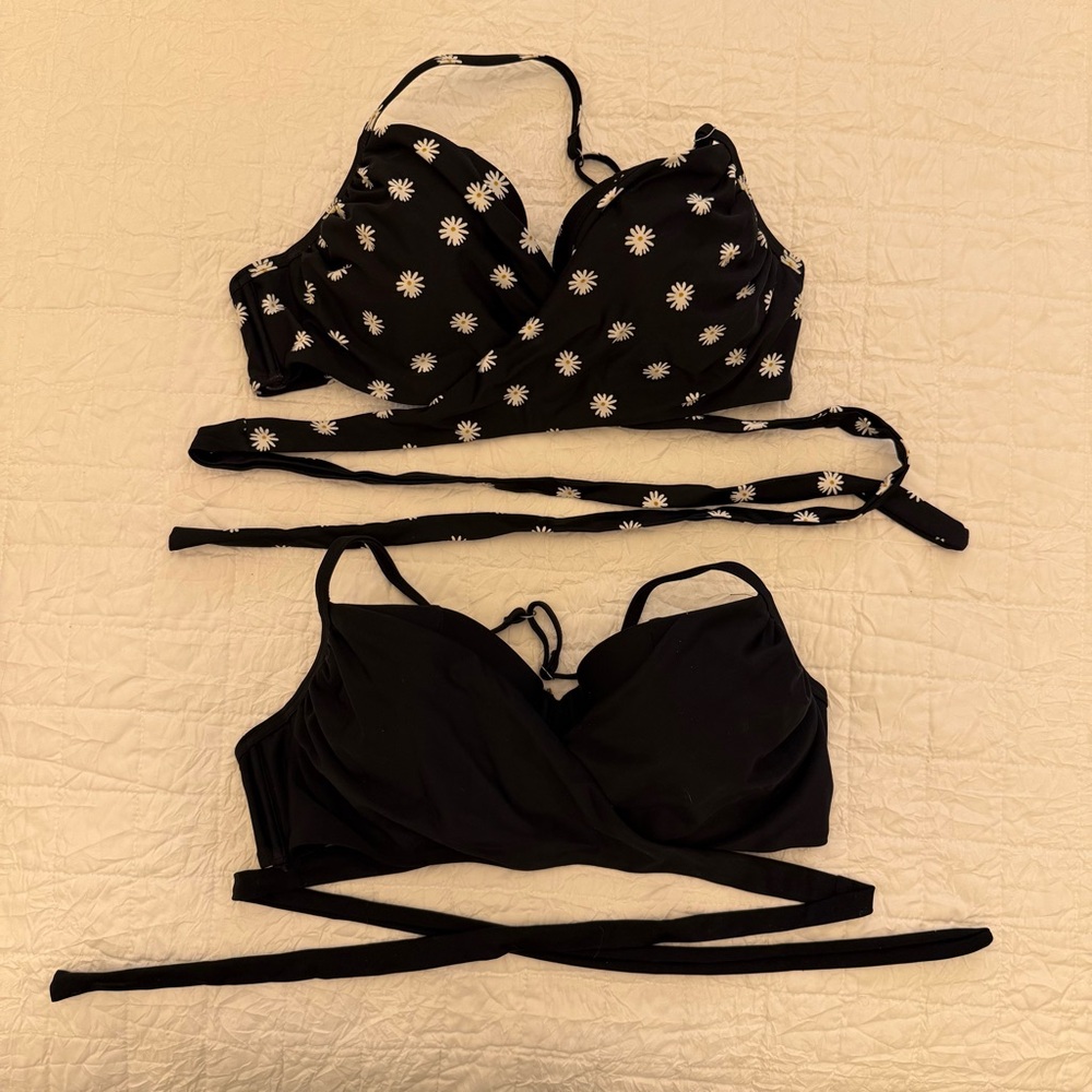 Black and Black Floral Wrap Bikini Top Set